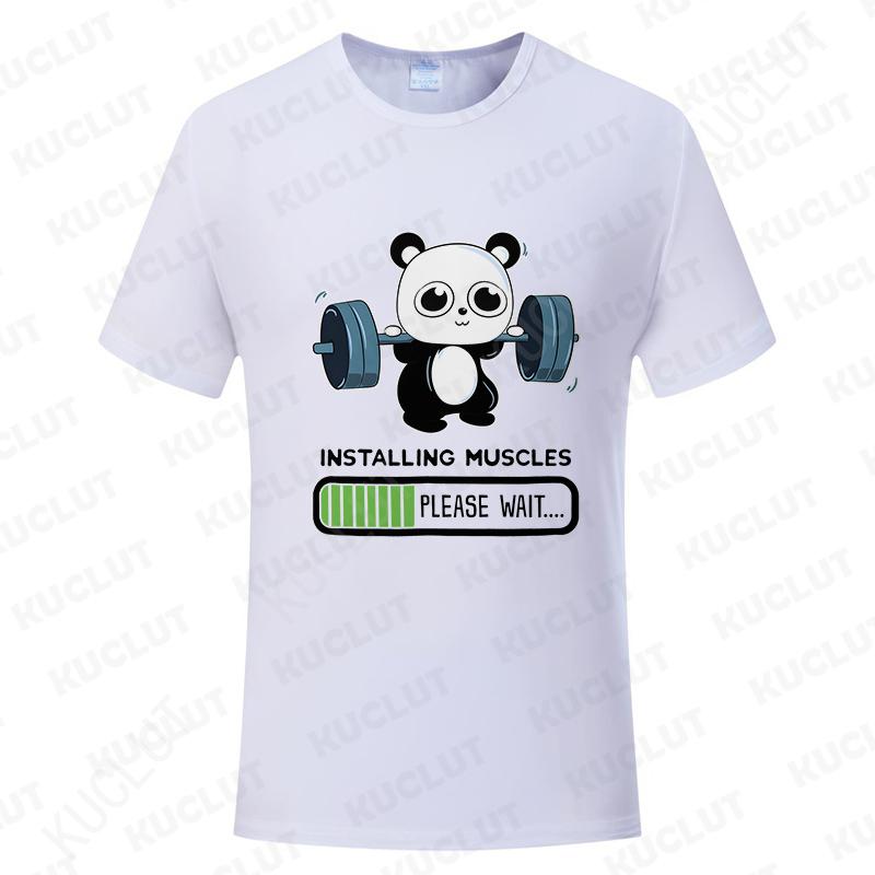 Funny Panda Gym Print T-Shirt Unisex Tees for Men Women O-neck Casual Short Sleeved Weightlifting Installing Muscles Basic Tops