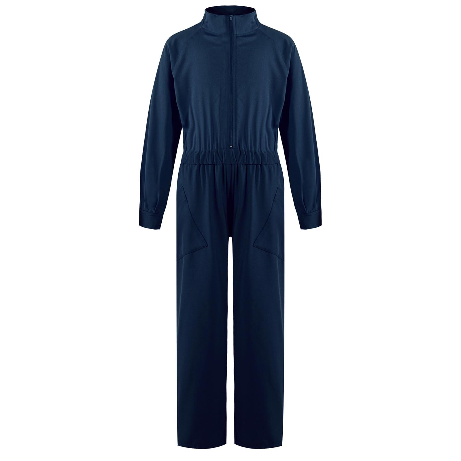 

Дівчачий однотонний повсякденний комбінезон з довгим рукавом, коміром-стійкою, застібкою-блискавкою спереду та еластичною талією 9-10 Years темно-синього кольору