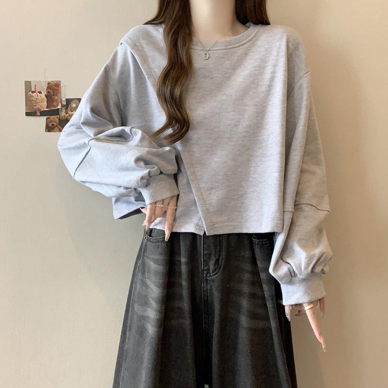 Real Shot Short Hoodless Sweater Women's New Thin Loose Solid Color Irregular Long-sleeved Top