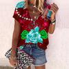 Women's Top Summer New Fashion Rose Flower Gorgeous Flowers Printed Casual Zipper V-neck Short Sleeve Top