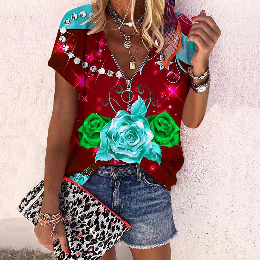 Women's Top Summer New Fashion Rose Flower Gorgeous Flowers Printed Casual Zipper V-neck Short Sleeve Top