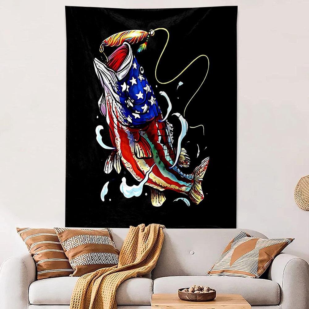 Largemouth Bass Fish Jumping American Flag Stars Stripes Fishing Lure Black Wall Tapestry Fishing Decor for Man Cave Gift