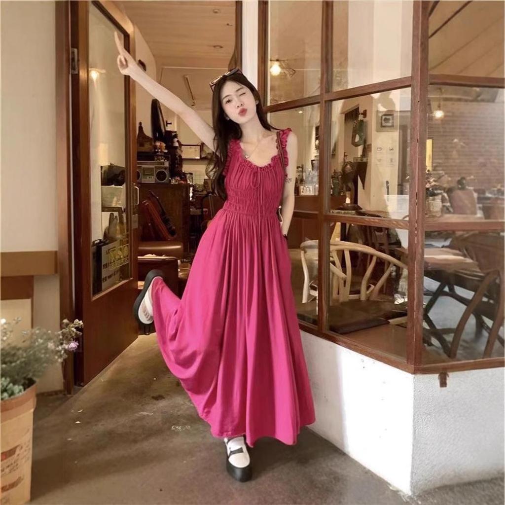 2024 Summer French Rose Spaghetti Strap Sleeveless Dress - Casual, Loose, Slimming