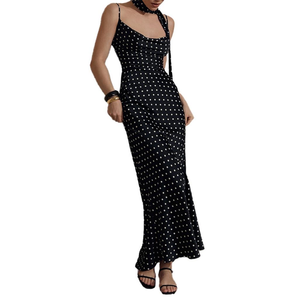 Summer New Polka Dot Halter Neck Tie Split Maxi Dress, Elegant Suspender Fishtail Long Dress for Women European American Style