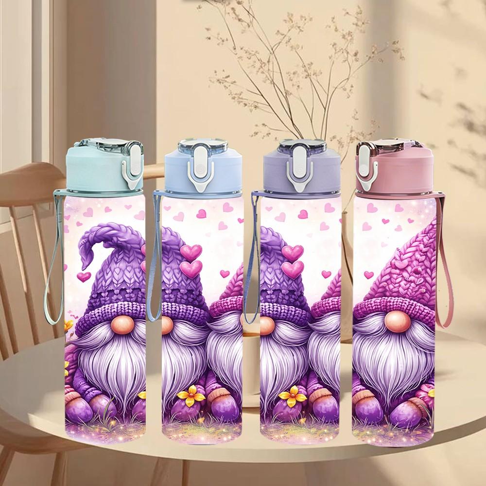 1PC Two Cute Purple Gnome Cartoon Print 750ml Color Plastic Sports Water Bottle Leakproof Flip Straw Lid Suitable for Sports Office Home Use