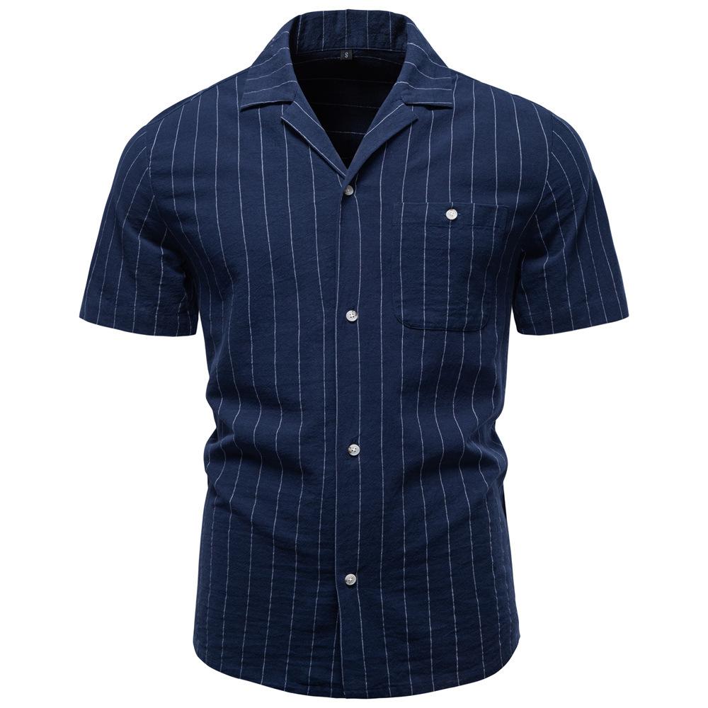 2026 Summer High-Quality Cotton Cuban Collar Vertical Stripe Shirt for Men, Business Casual Men's Short Sleeve Shirt