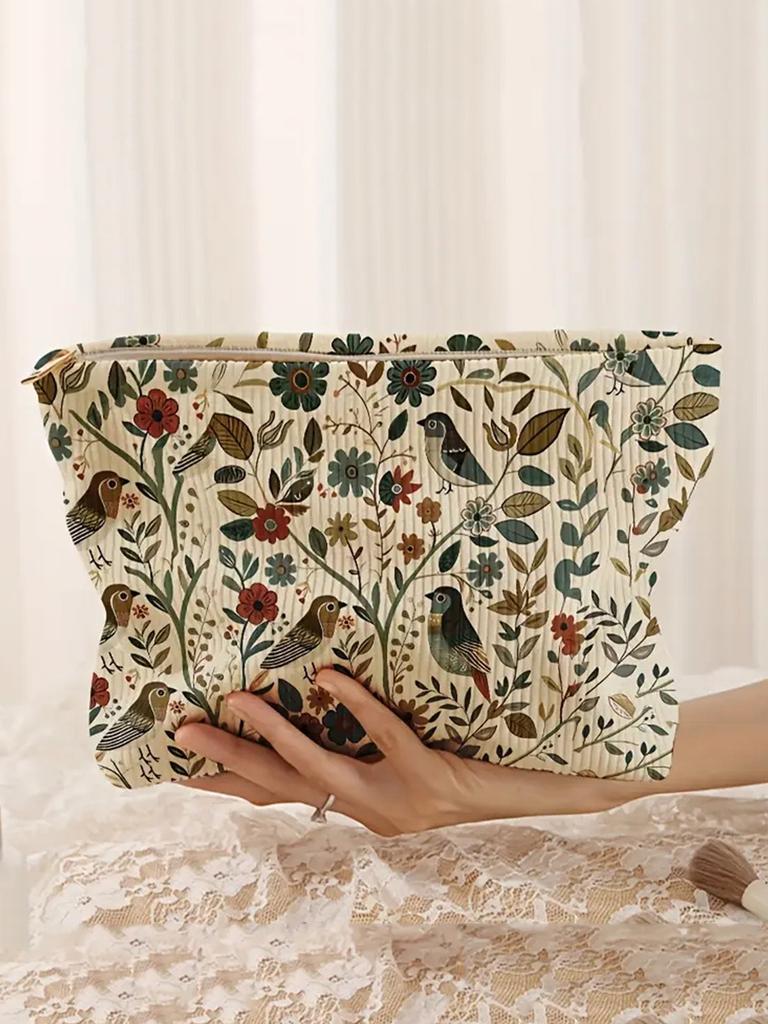 1 Stück Kosmetiktaschen Ast Vogelmuster Damen Make-up-Tasche Corduroy Kosmetik-Aufbewahrungstasche Tragbar Pendeln Reise Kulturtasche