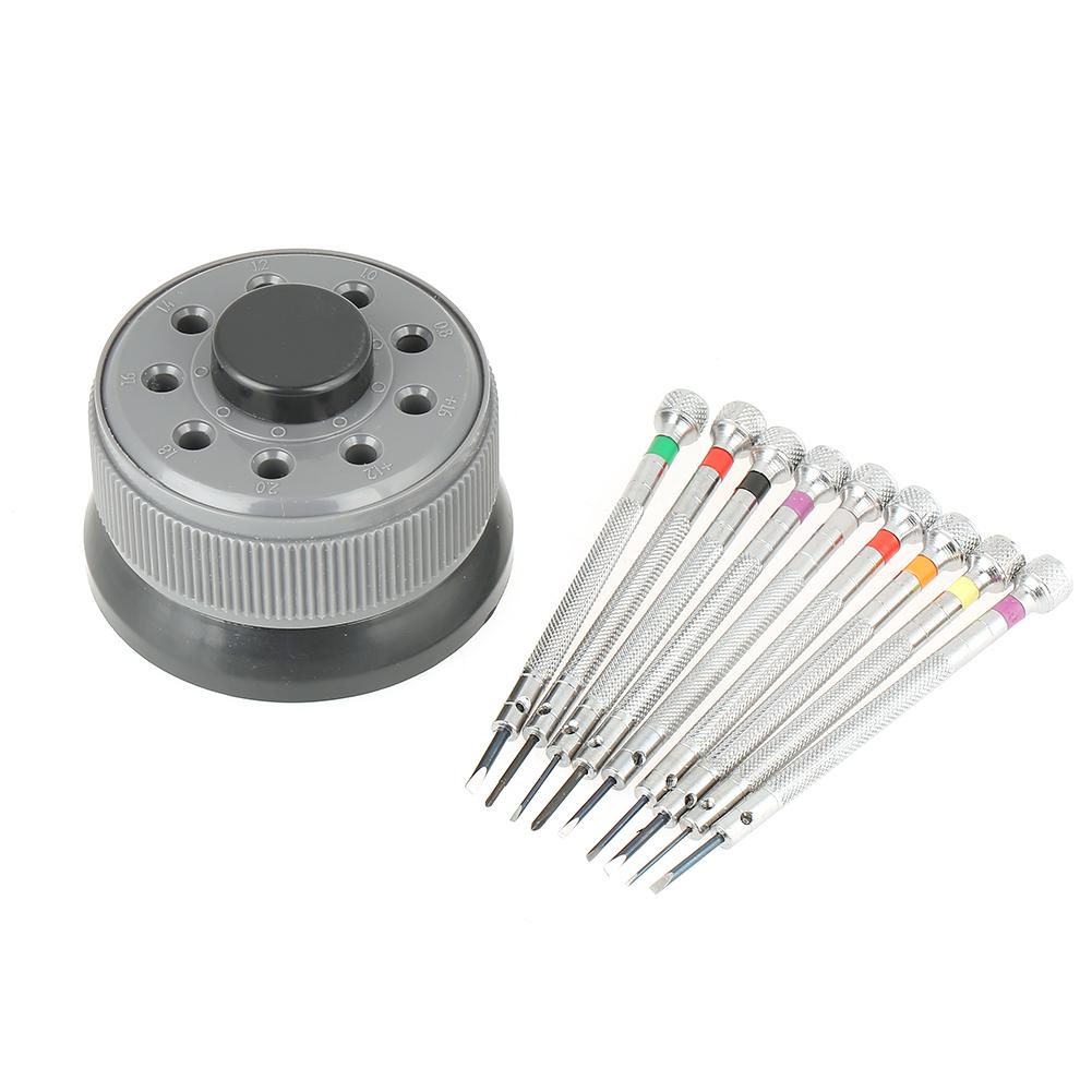 9Pcs Set Watch Slotted Screwdriver Set Repair Watchmakers Tools with Swivel Base Plate
