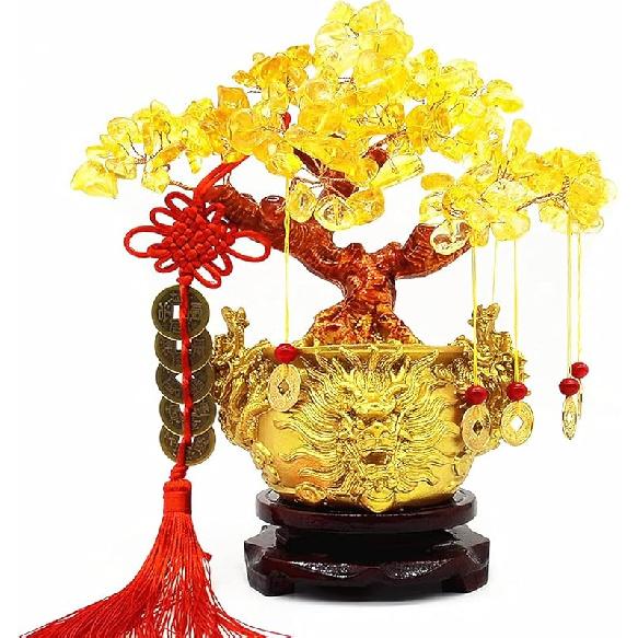 Feng Shui Yellow Quartz Crystal Tree, Bonsai Style Money Trees Decoration for Luck and Wealth (Yuan Bao)