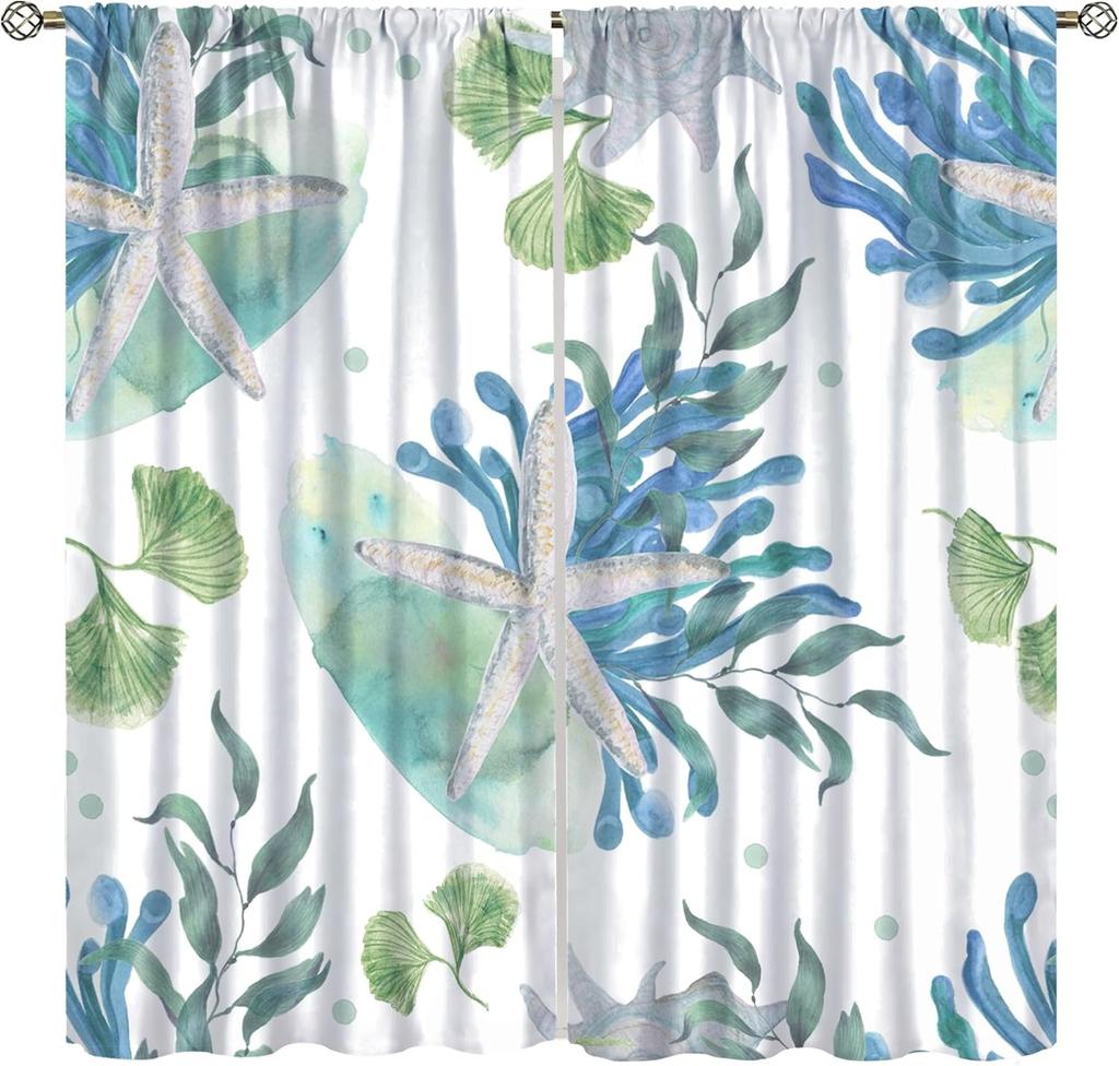 Nautical Ocean Beach Curta,Pink Green Seashell Starfish Coral Coastal Cafe Curta Marine Window Treatment Drapes Home Decor