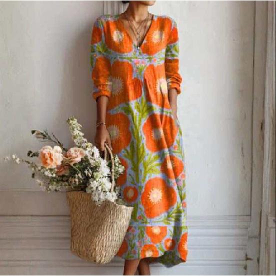 Abito Midi da Donna con Scollo a V, Stampa Floreale Grande, Manica Lunga, Vestibilità Larga, Stile Boemo, Casual, Vestito Estivo da Spiaggia con Tasche