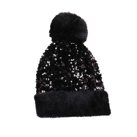 Women Knitting Hat Plush Ball Decor Shiny Sequins Decor Brimless Hat Winter Warm Furry Bucket Hat Headwear