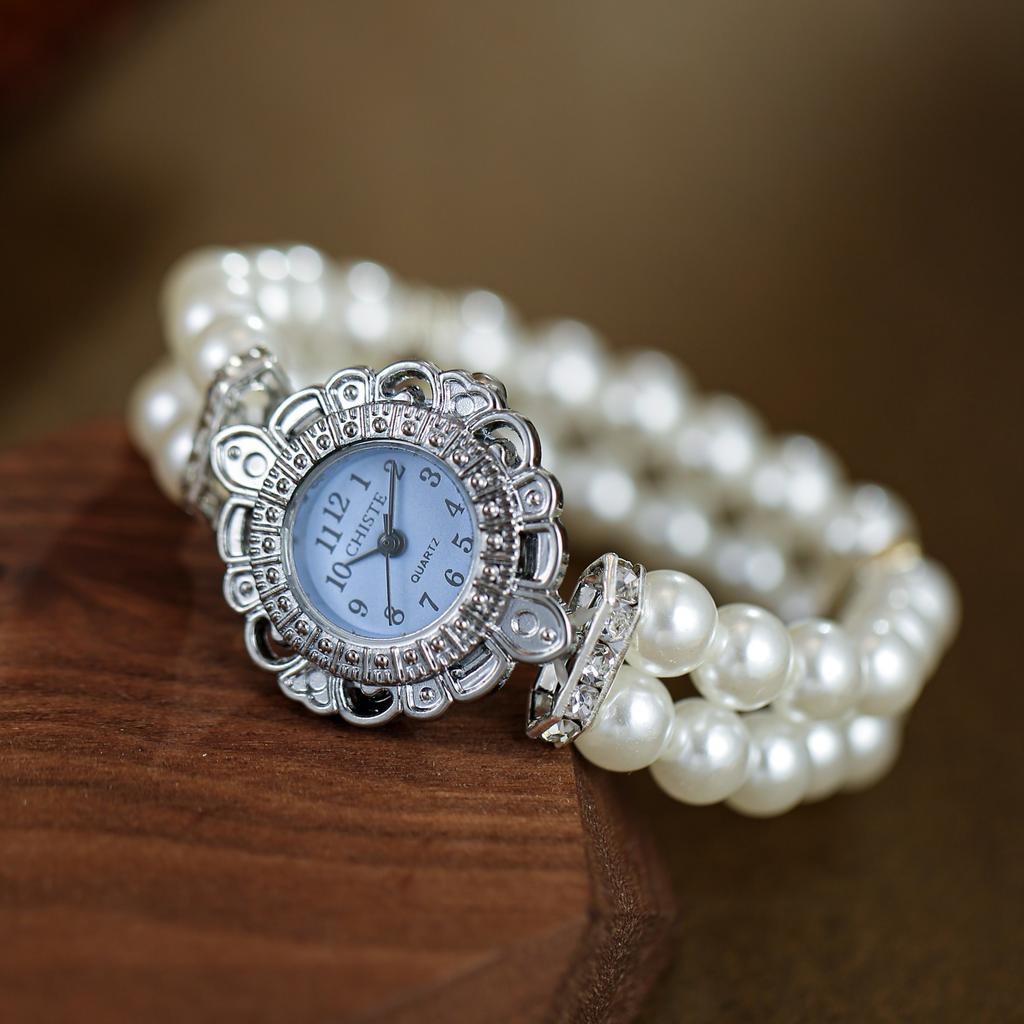 Vintage Double-row Pearl Elastic Strap Watch Kids Arabic Digital Dial Ladies Fashion Students Quartz Watches Girls Wristwatch