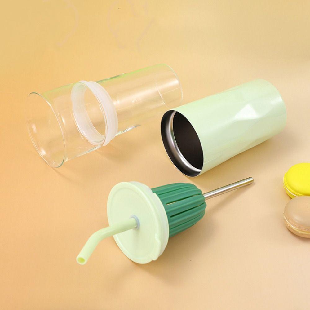 2 Layer 2 in1 Cooling Storage Glass 650ML Vacuum Mug Portable Straw Cup  Drinkware