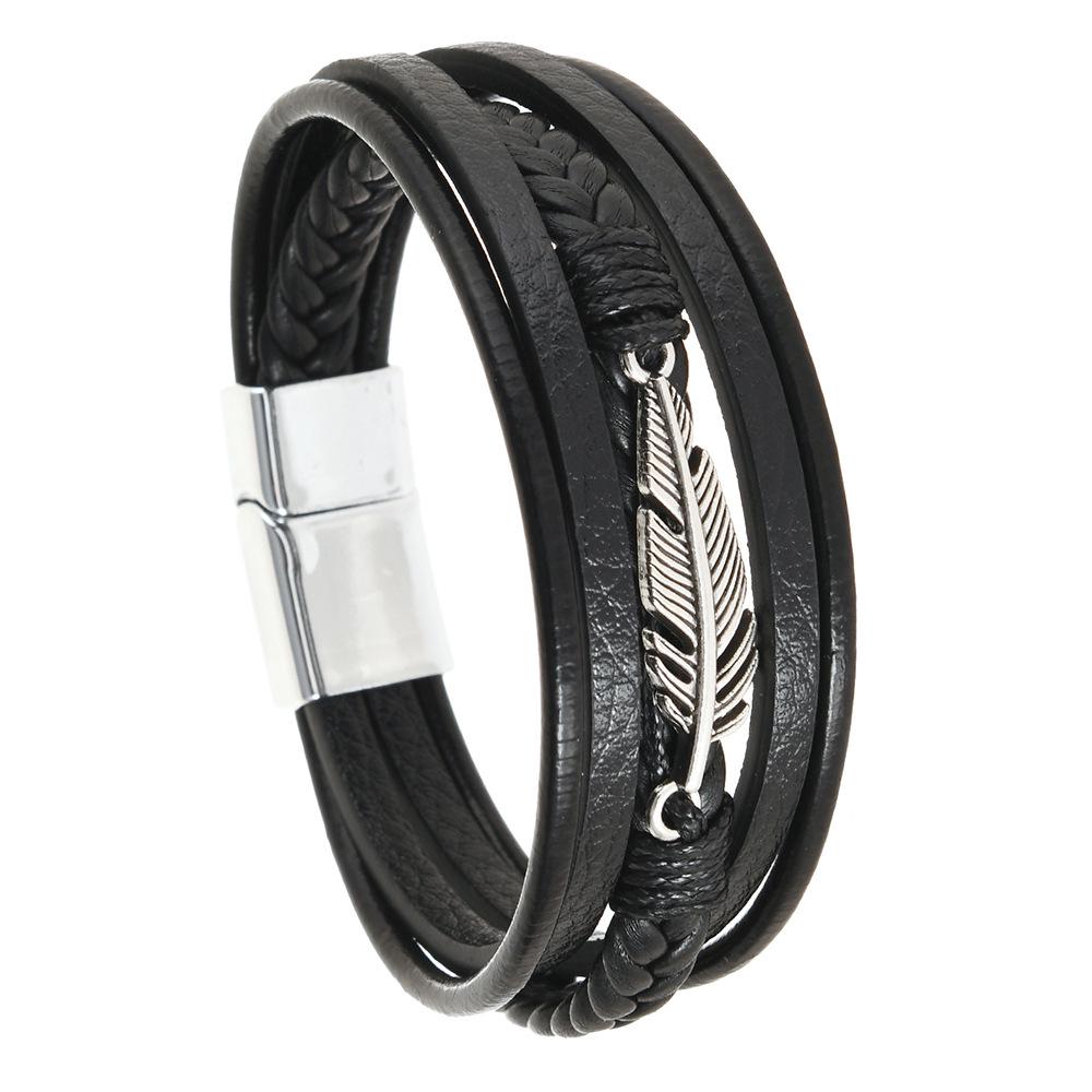 Men's Multi-layer Retro Leather Bracelet with Magnetic Buckle and Leaf Zinc Alloy Charm