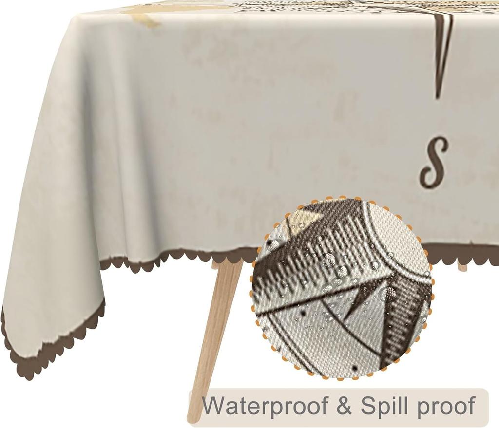 Retro Compass Old World Map Nautical Tablecloth Table Decor Washable Wrinkle Kitchen Dining Tablecloth Holiday Party Decor