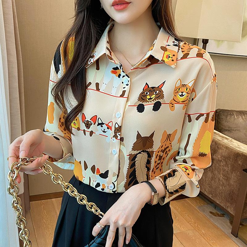 Autumn Fashion Temperament Printed Collar Chiffon Shirt Loose Top for Women Shirt