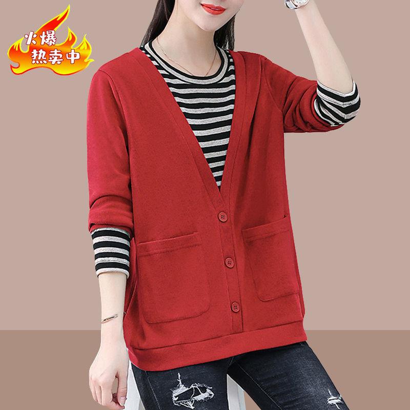 

Женская весенне-осенняя новая толстовка с круглым вырезом в корейском стиле, имитация двух частей, повседневная, универсальная, свободного кроя, модная, приталенная, с длинным рукавом L красный