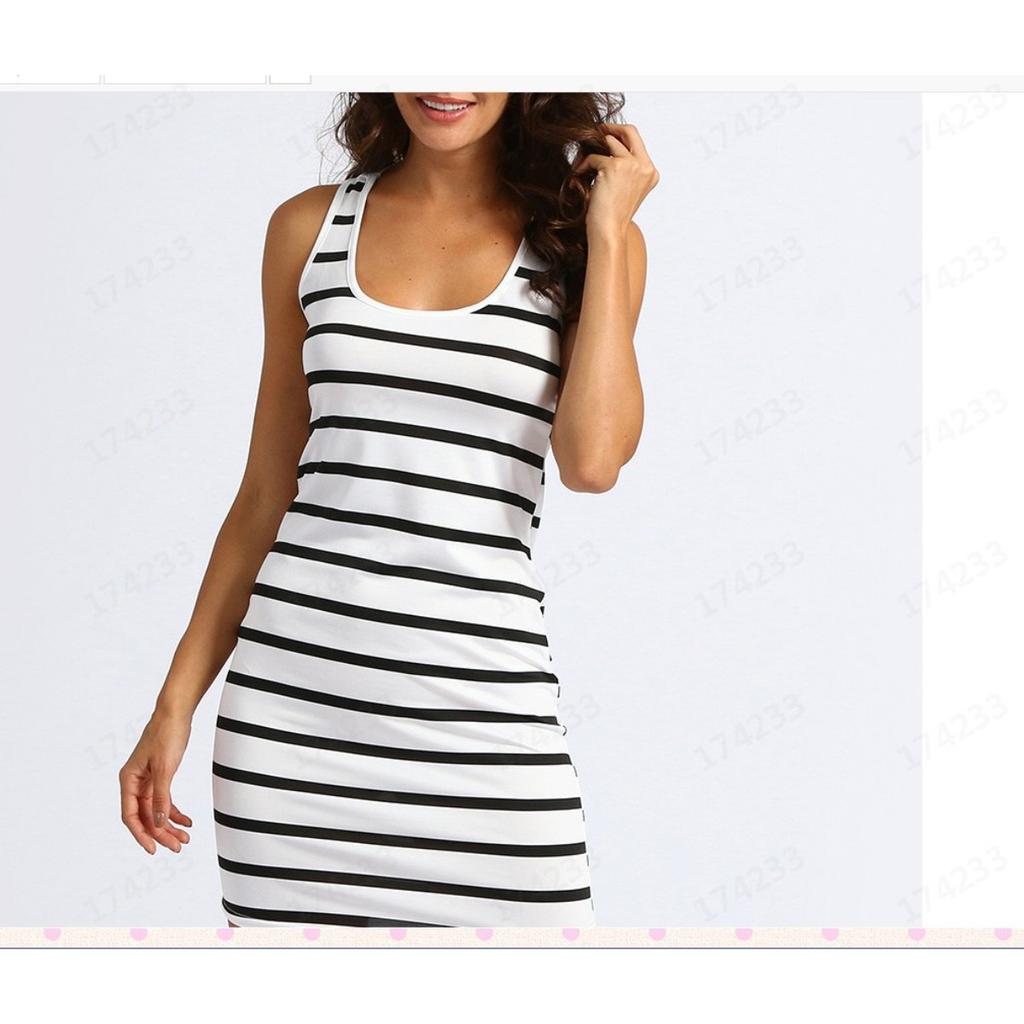 Women's Round Neck Sleeveless Striped Tank Midi Dress Loose Waist Casual Bodycon Knit Dress
