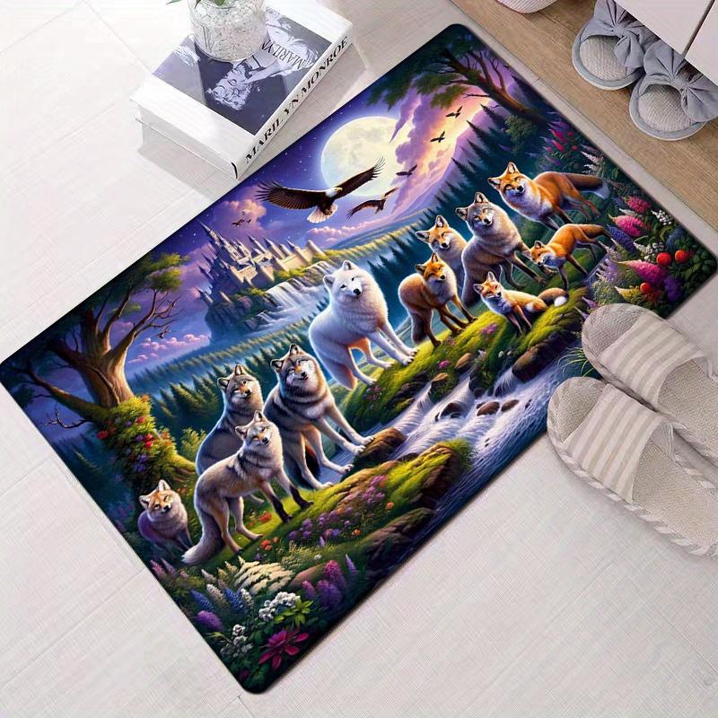 Forest Wolf Flannel Door Mat Carpet, Non-Slip Comfort Floor Mat Machine Washable for Kitchen Living Room Bedroom Bathroom Decor