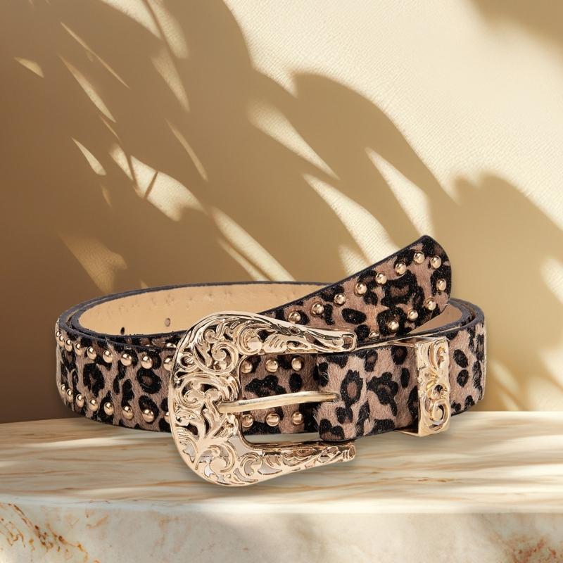 Pin Buckle Belt for Pants Rivet Studded Leopard Pattern Belt Subcultures Sweater Belt 2000s Hot Girl Belt Waist Accessory