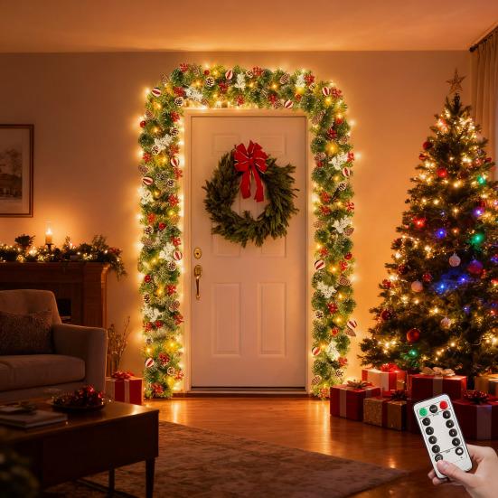 9 FT Christmas Garland with Lights 50 LED Lights 8 Modes Lighted Artificial Pine Garland with Pine Cones Red Berries for Mantel Fireplace Indoor