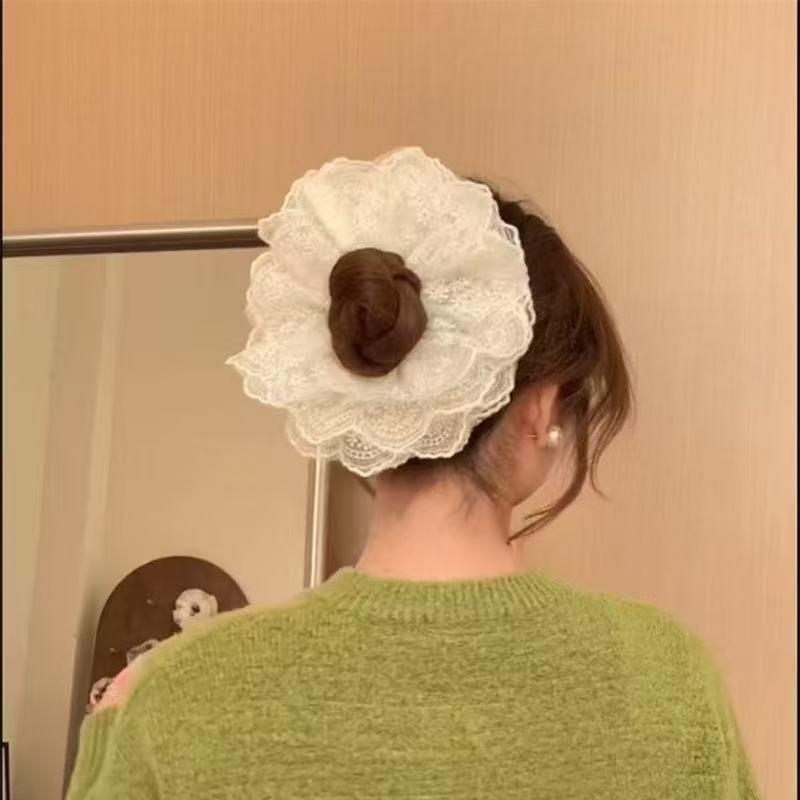 Ballet Style French White Lace Embroidery Large Hair Scrunchies For Women Retro Sweet Mesh Hair Bands Hair Ties Ponytail Holder