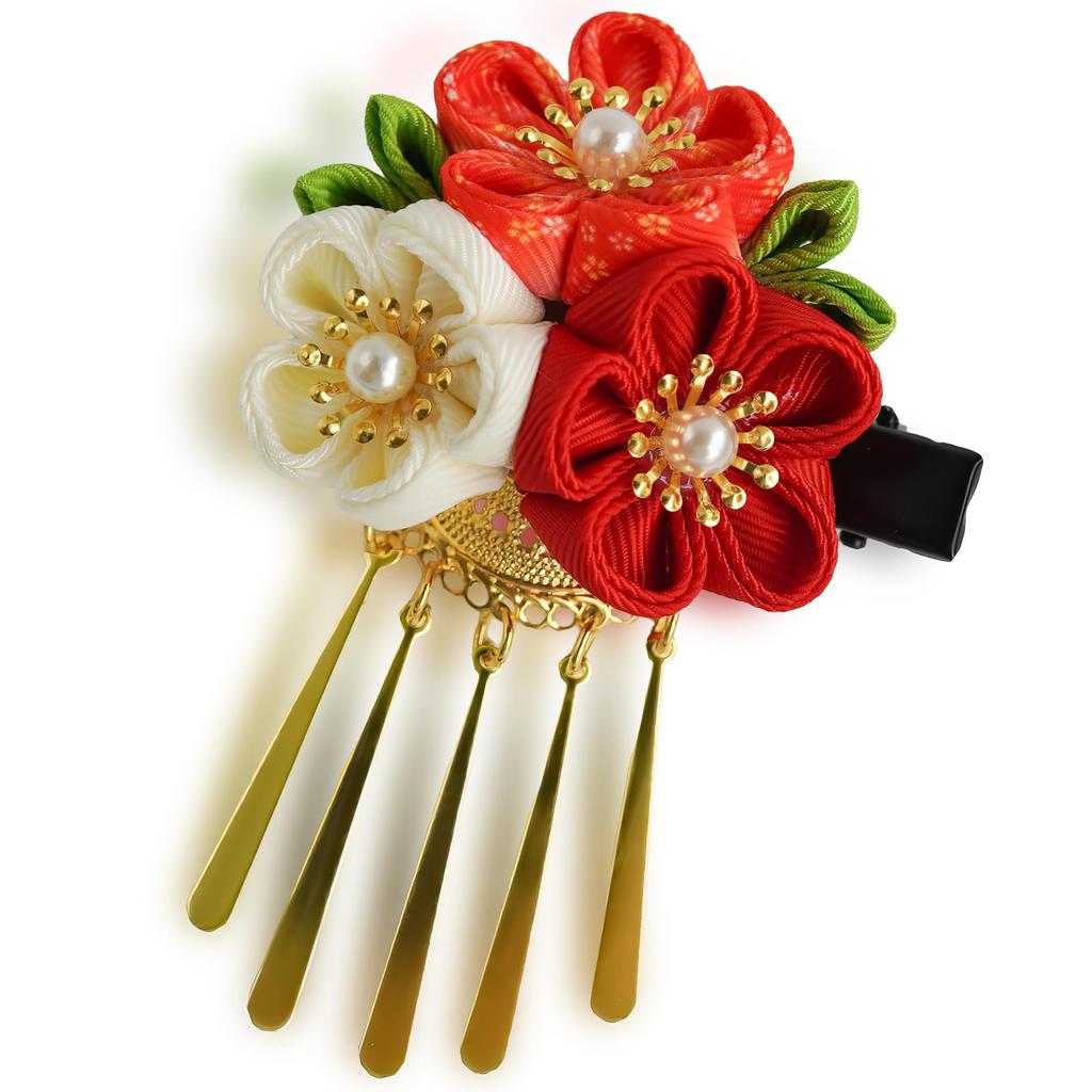 Sweet Kiss Japanese Hair Hair with Birabanzashi Perfect for Years First Doll Summer Fireworks Tsumami Zaiku Ornament, Clip, 3-Flower (Red)
