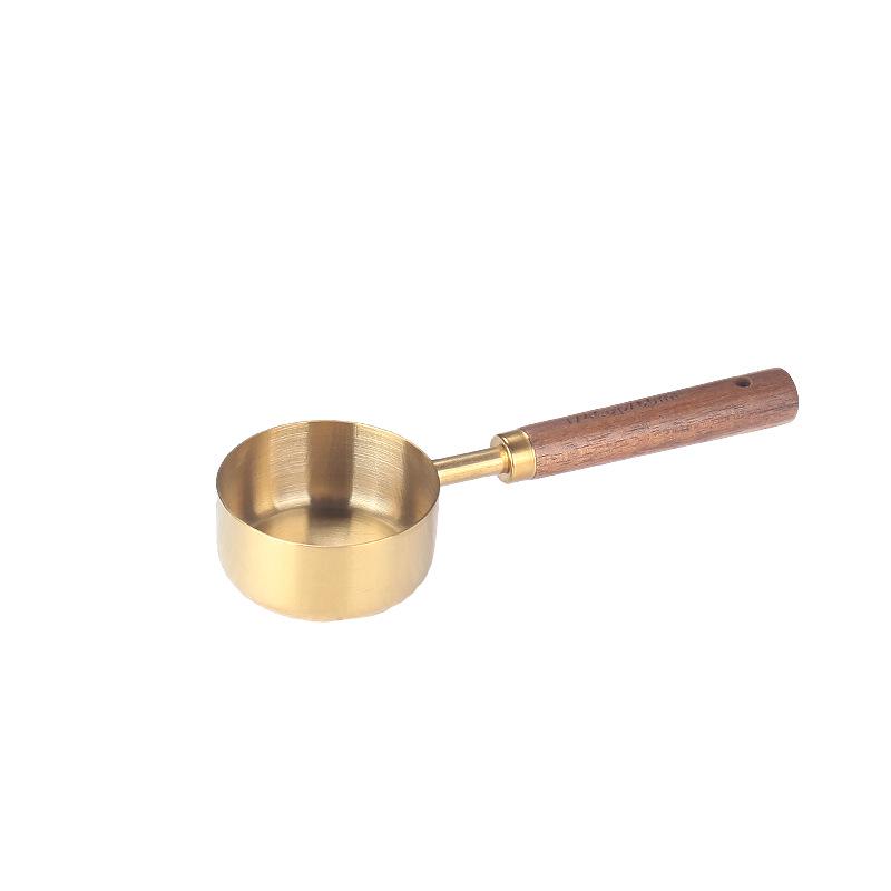 Gold & Black Stainless Steel Measuring Cups and Spoons with Wooden Handles and Scale - Multifunctional Baking & Coffee Spoon Set