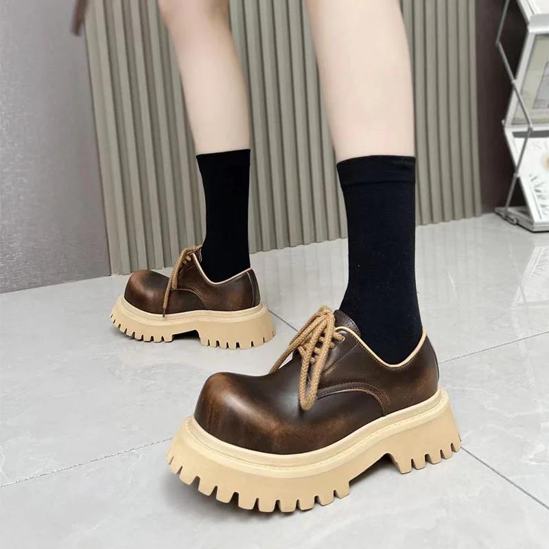 Men's and Women's Same Big-headed British Style Platform-soled Lace-up Small Round Head Thick Heel Leather Loafers Derby Shoes