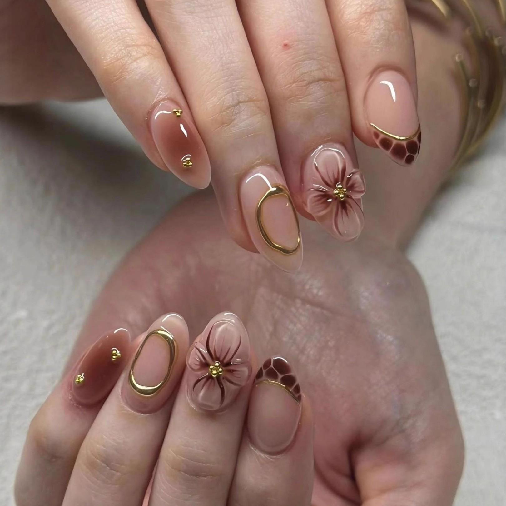 30-Piece Gilded Hand-Painted Wearable Nails: Almond 3D Floral & Leopard French Manicure Tips Pre-made Set (Three Pairs with Complete Diamonds)