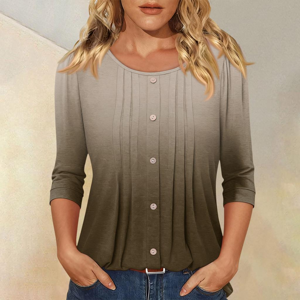 Women's Fashionable Casual Three-quarter Sleeve Button Gradient Round Neck Top