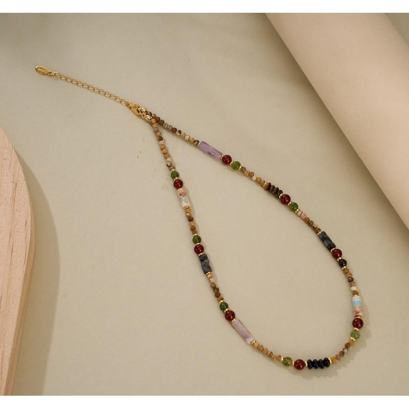 Handmade Boho Vintage Red Agate Tiger Eye Beaded Necklace Women Copper Chain Choker Lightweight Elegant Daily Wear Amber Tiger Eye Stone
