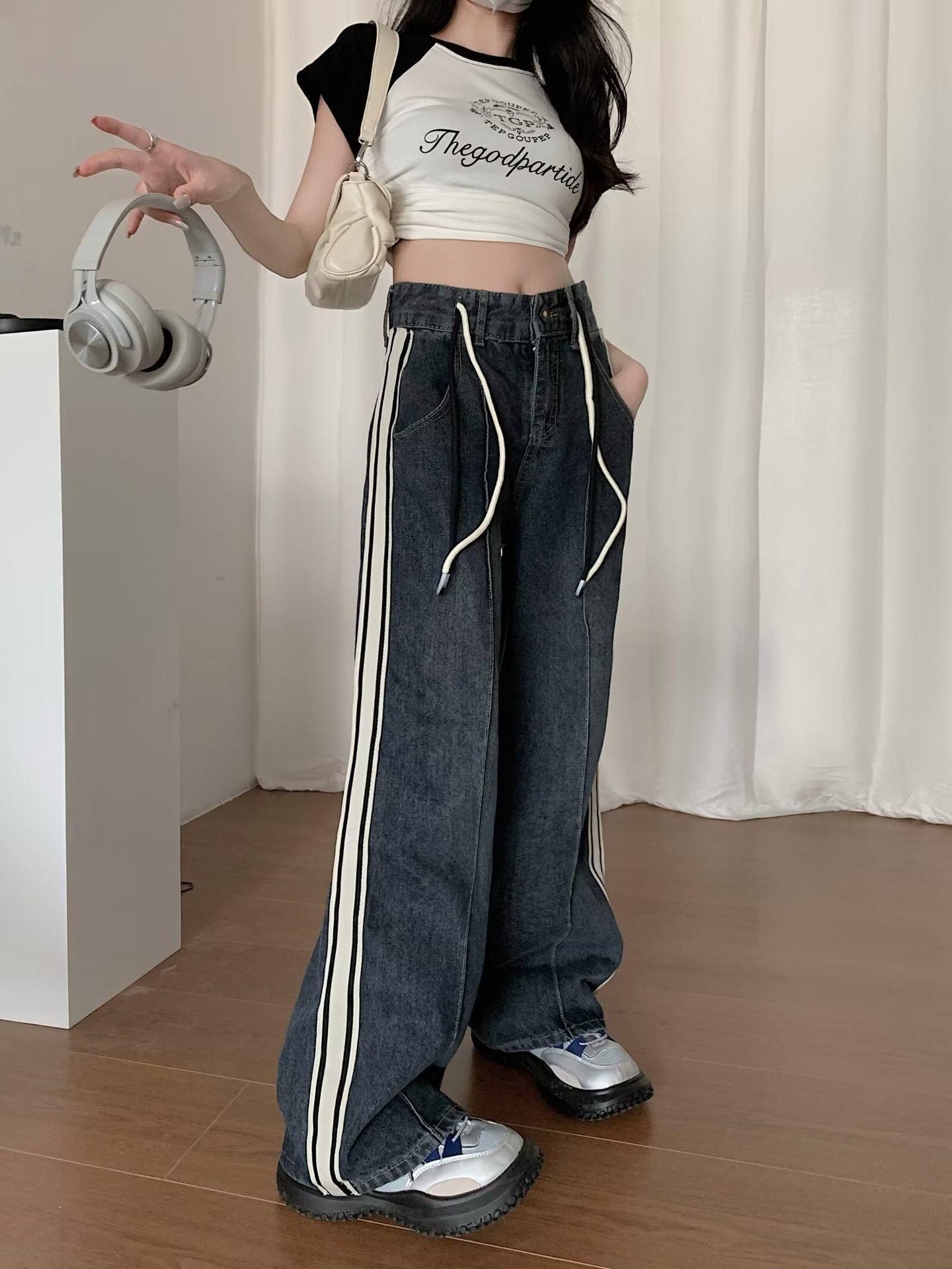 

American Retro Plus Size Women s High-Waist Wide-Leg Jeans, Slimming and Hip-Covering Straight-Leg, Floor-Length Pants 2XL сірий колір/синій