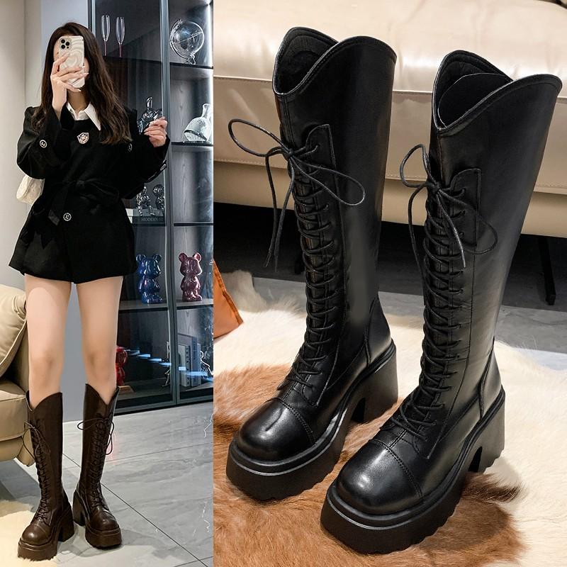 Two sizes, tube circumference V-mouth lace-up widened knight boots 2026 winter round head thick-soled thick-soled high-heeled high boots women