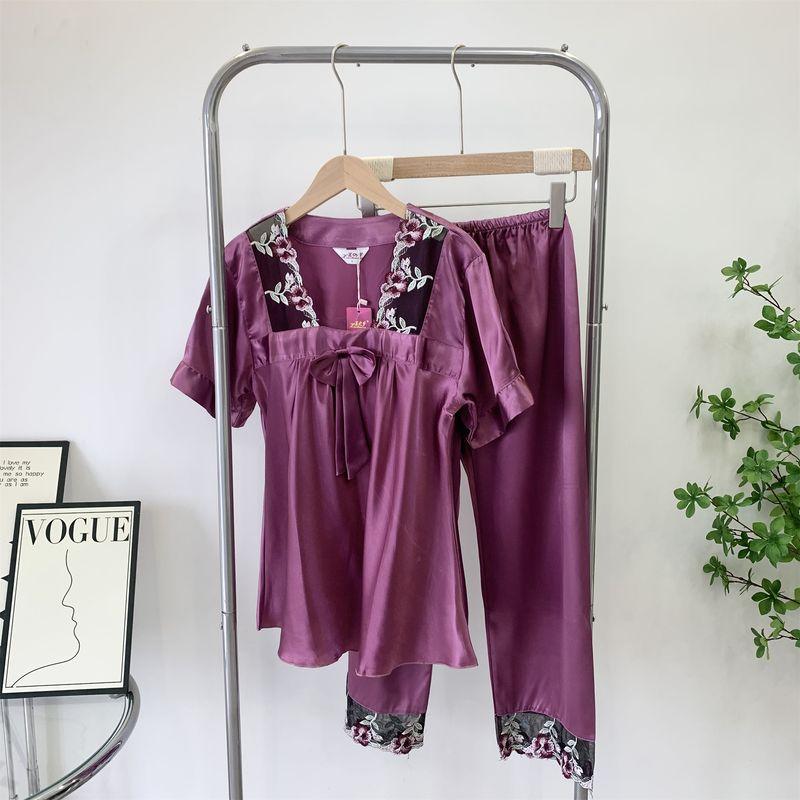 

Special Offer Ice Silk Pajamas Women s Summer Two-piece Set Sexy Short Sleeve Cropped Pants Lace Lace Western Style Suit Homewear Purple L