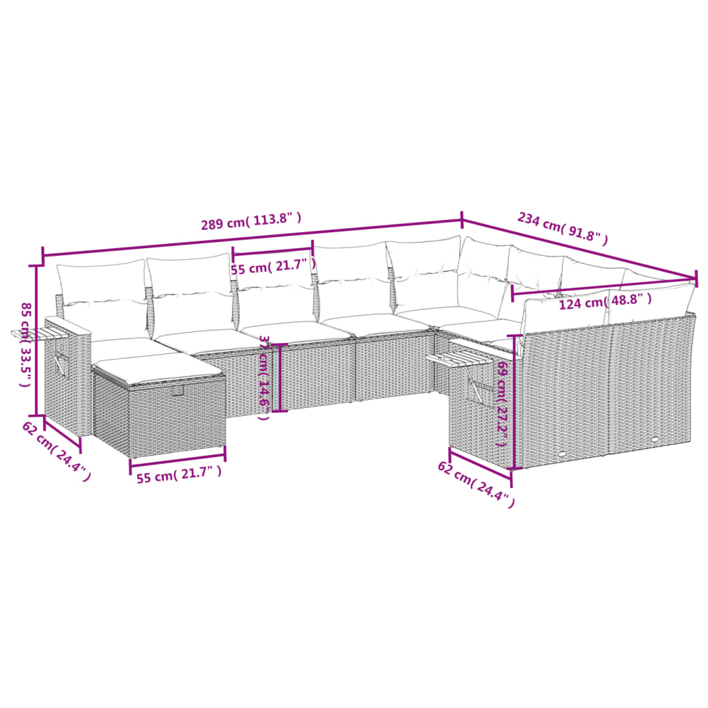 Vidaxl 10-Cz. Garden Furniture Set With Cushions, Beige, Poly Rattan