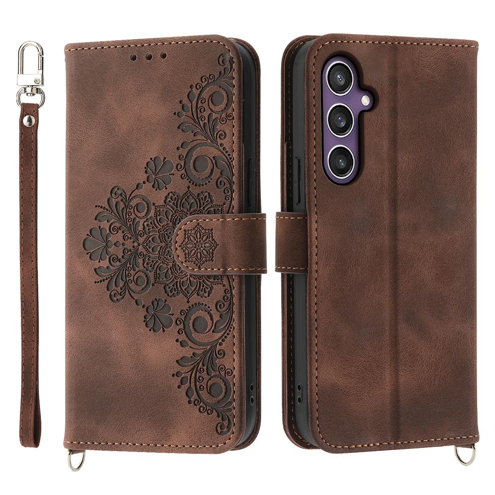 

Чохол для Samsung Galaxy S25+ з квітковим візерунком, гаманець з ПУ шкіри, чохол для телефону з ремінцем Brown