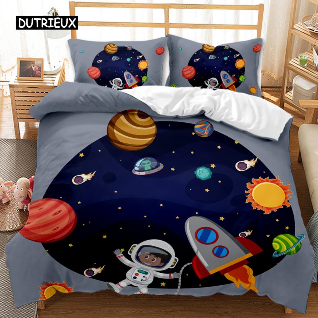Astronaut Duvet Cover Set Outer Space Tourist Comforter Cover Set for Kids Boys Universe Planet Polyester Quilt Cover Queen King