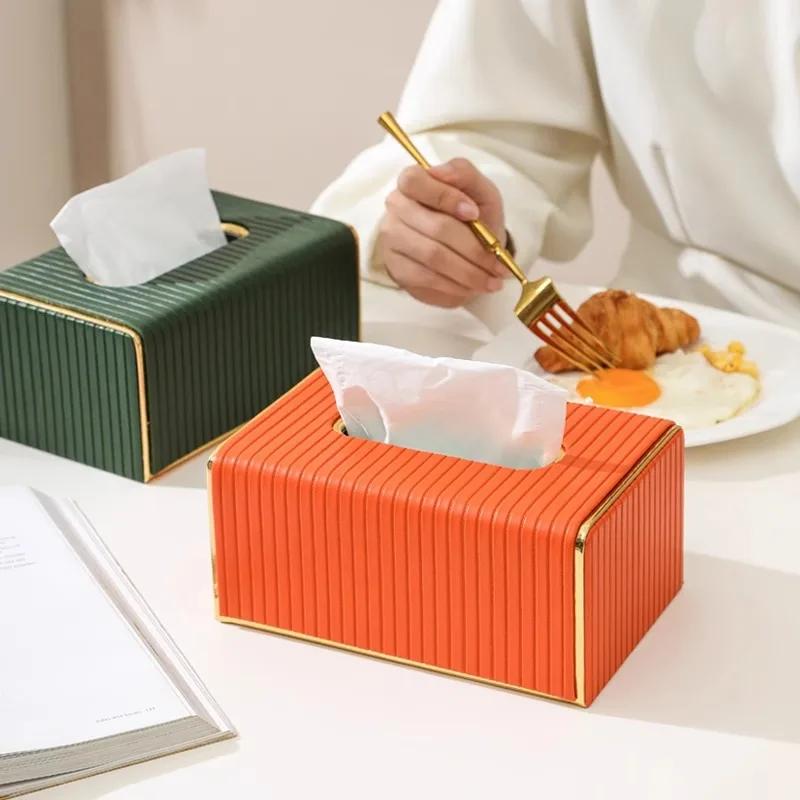 1 Piece Scandinavian Style Faux Leather Tissue Box - Gold Stripe Rectangle Design for Living Room, Dining Room or Bathroom