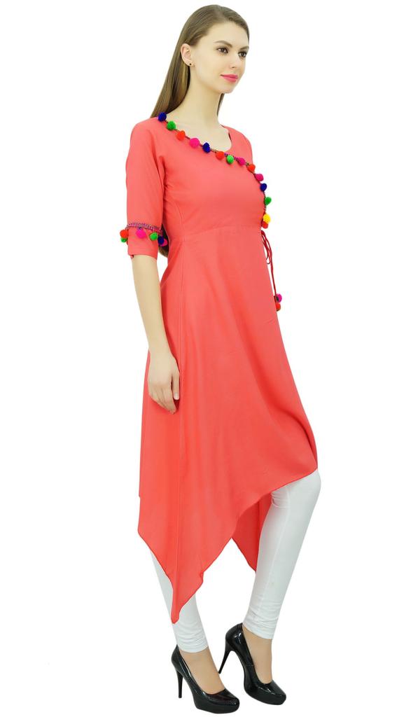 Phagun Angrakha Style Rayon Womens Tunic Kurta Pom-Pom Designer Kurti Top Indian