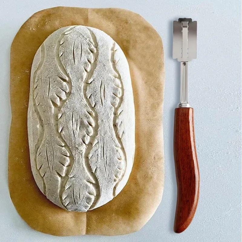 Nya Bakverktyg i Trä Brödskärare Snittverktyg Brödskårare Bladkniv Handtag Lame Markering med 5 Blad Europeisk Brödskärning