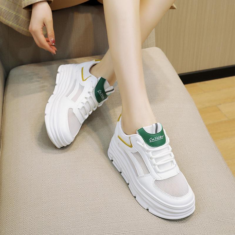 Modne Białe Sneakersy Damskie Lato Sportowe Tenisowe Ukryty Obcas Buty do Biegania Kobieta Komfortowe Treningowe Atletyczne Gruba Podeszwa Trampki Obuwie