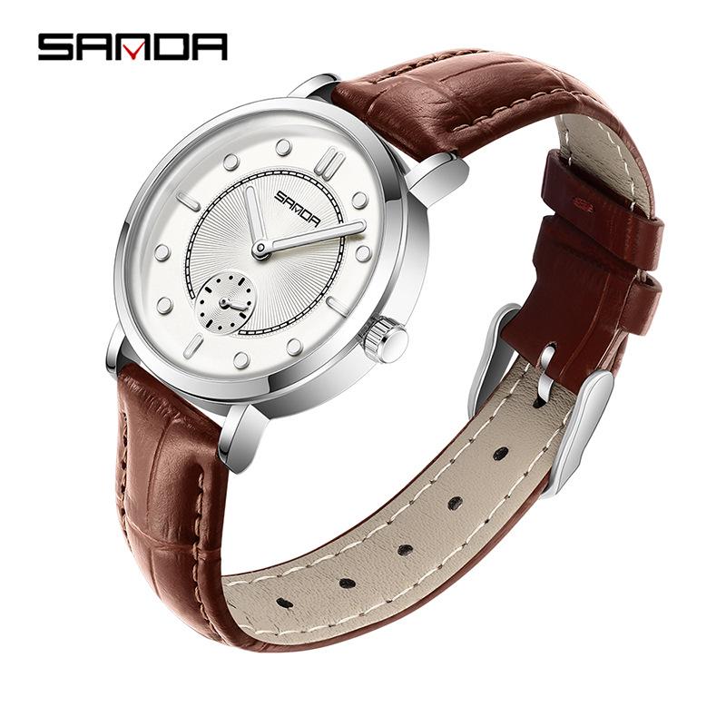 Sanda Women's Fashionable Leather & Silicone Strap Quartz Watch with Luminous Stopwatch