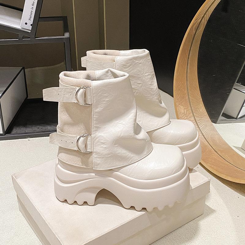 Black Martin boots women's 2025 autumn new retro stacking boots belt buckle thick-soled inner heightening trouser tube boots