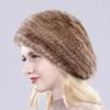 New Winter Lady Natural Mink Fur Beanies Hat Knit Warm Striped Genuine Mink Fur Caps Women Good Elastic Real Mink Fur Hat