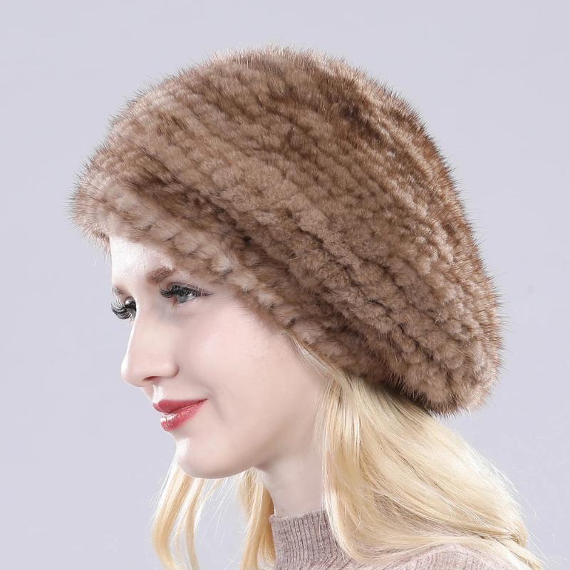 New Winter Lady Natural Mink Fur Beanies Hat Knit Warm Striped Genuine Mink Fur Caps Women Good Elastic Real Mink Fur Hat