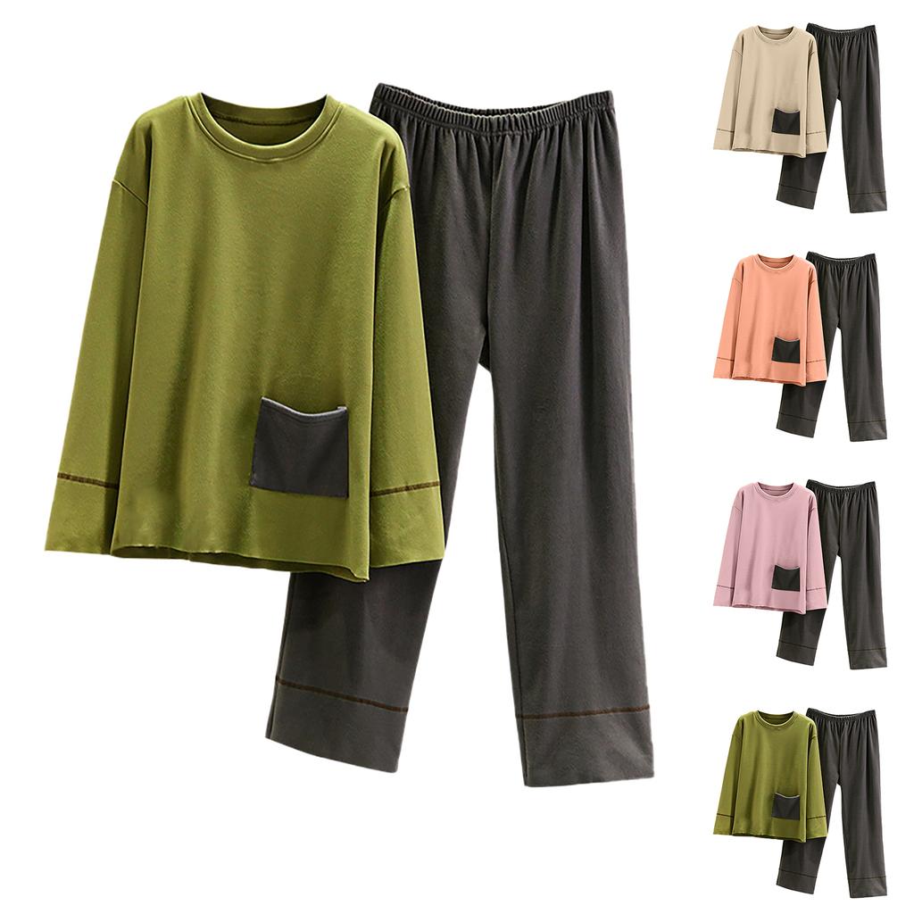 Ladies' Casual And Comfortable Long Sleeved Solid Color With Thick Velvet Sleepwear And Warm Pants Set