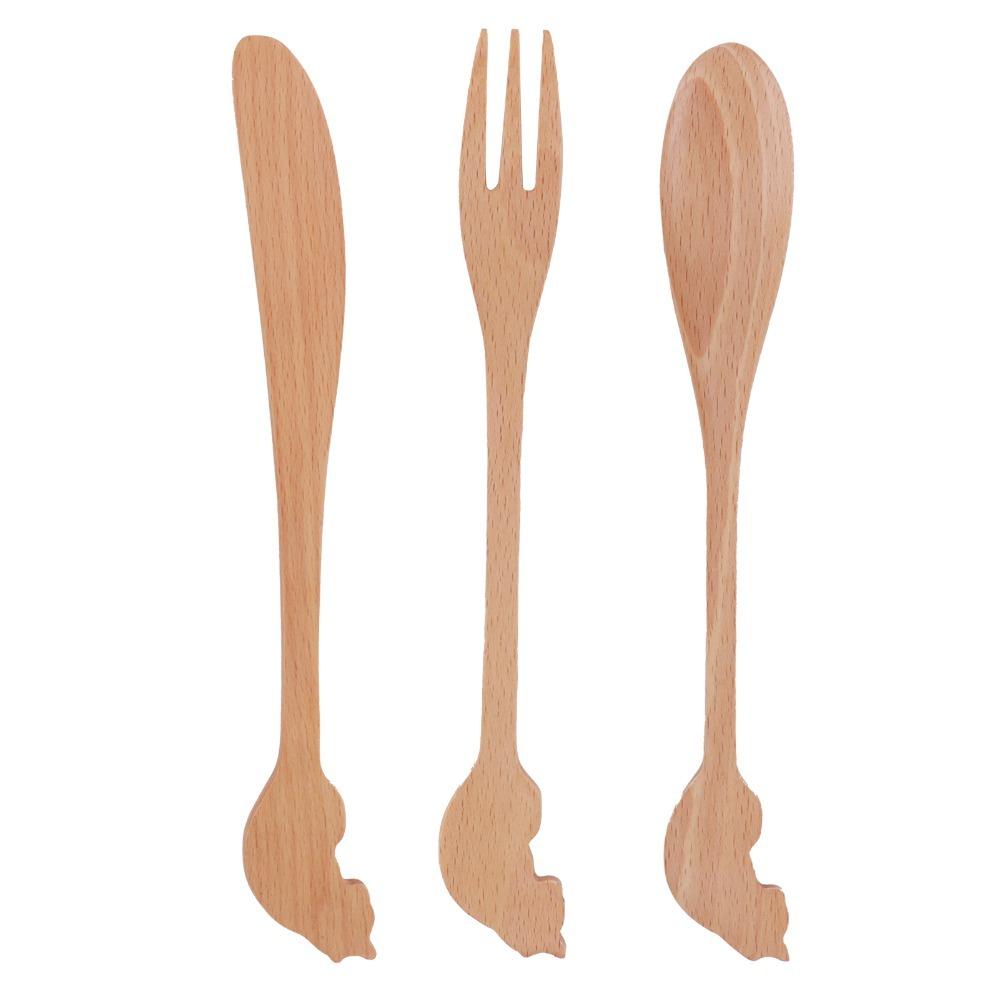 3Pcs Wood Grain Texture Tableware Set Solid Wood Dining Kit Utensil Pack  Table Decoration