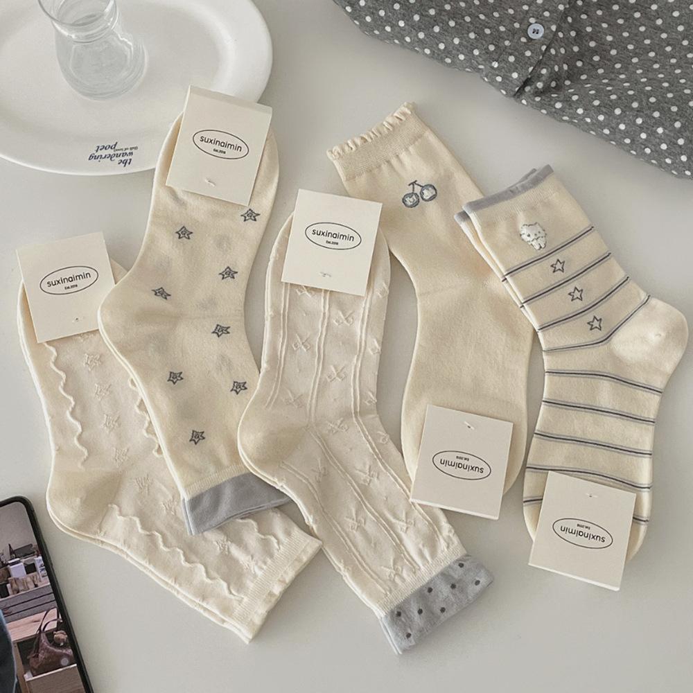 Cream-colored Mid-calf Socks, Cute Pile Socks, Spring-autumn Simple Cartoon Pile Socks